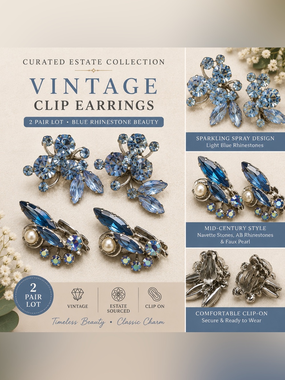 2 Pairs Vintage Blue Rhinestone Clip Earrings - Estate-Sourced Mid-Century Style